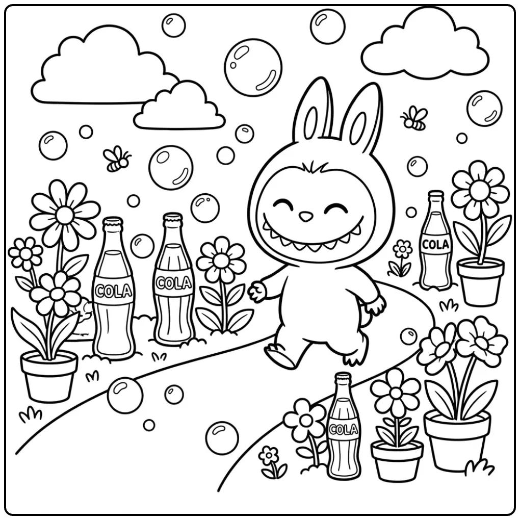 Schattige kleurplaat labubu cola tussen frisdrankflessen.