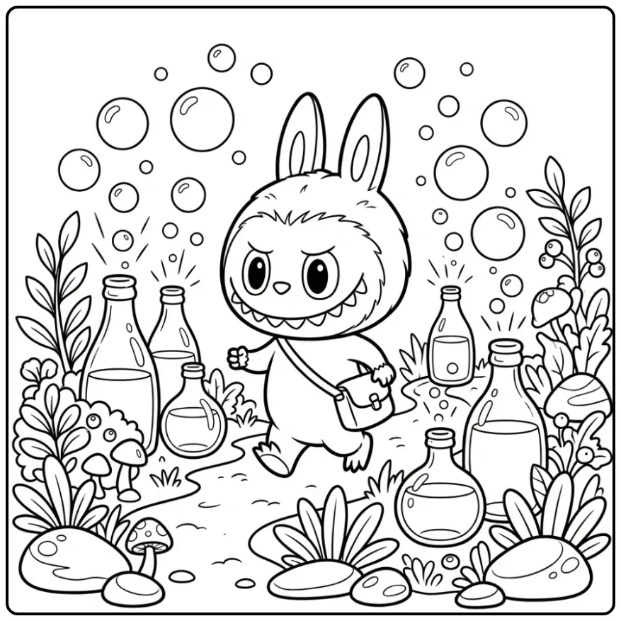 Een vrolijke kleurplaat labubu cola met flessen langs het pad.