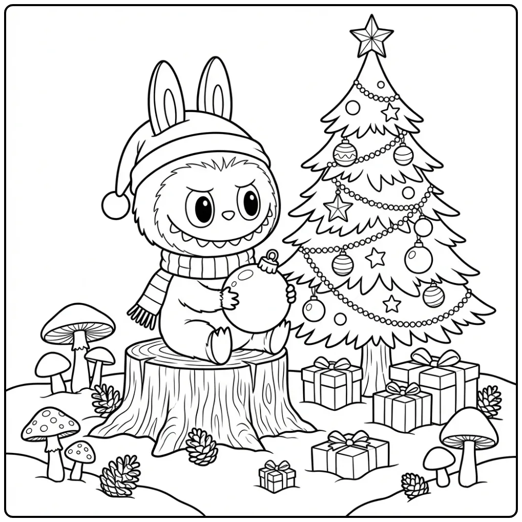 Schattige kleurplaat labubu kerst op een boomstam in het bos.