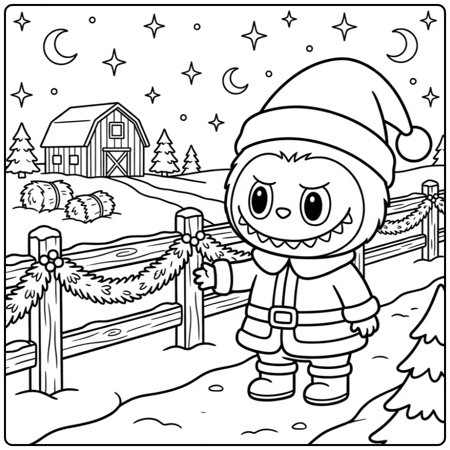 Schattige kleurplaat labubu kerst in een haankostuum.