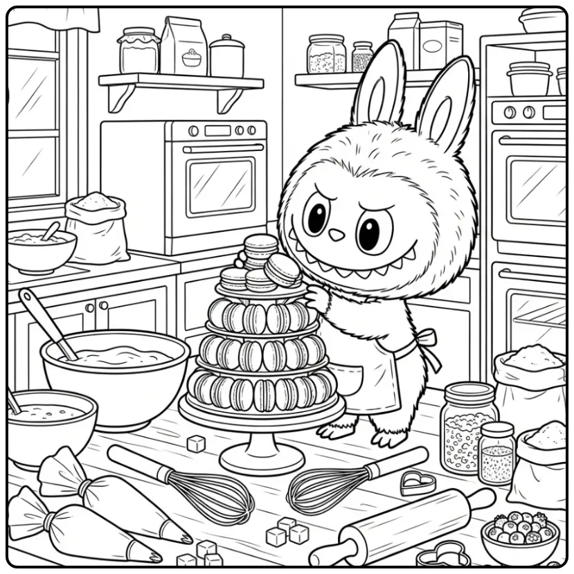 Schattige kleurplaat labubu macaron in de keuken.