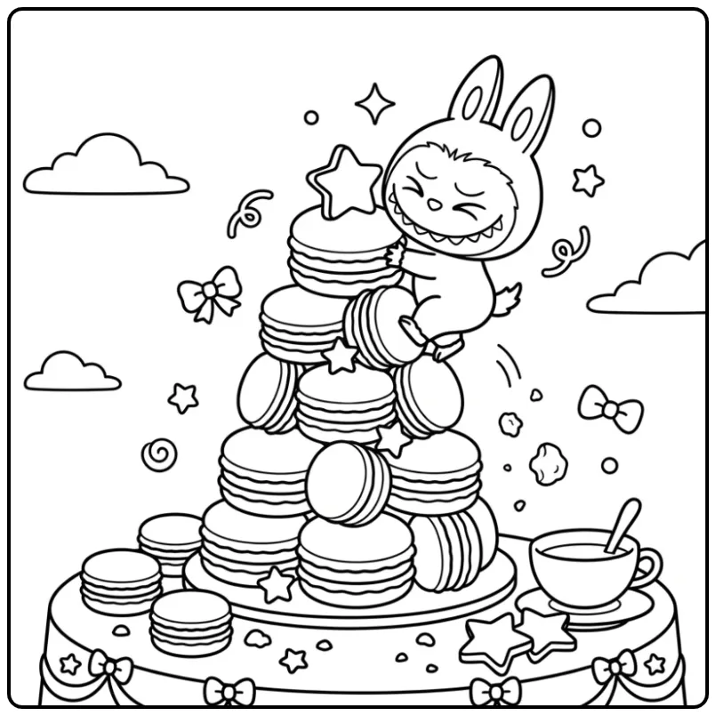 Een schattige kleurplaat labubu macaron klimt op de toren.