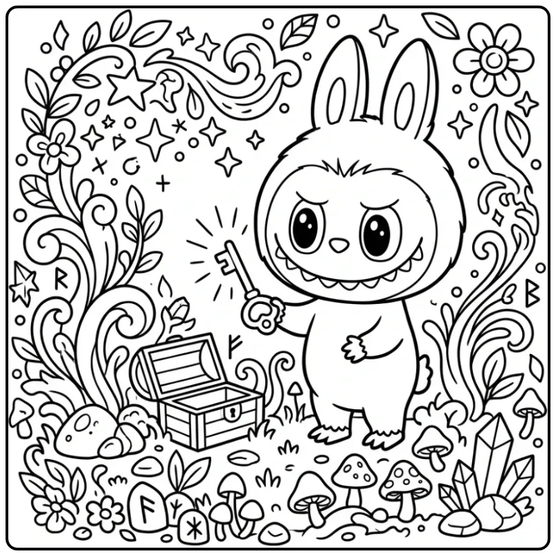 Magische kleurplaat labubu secret met sleutel en kist.