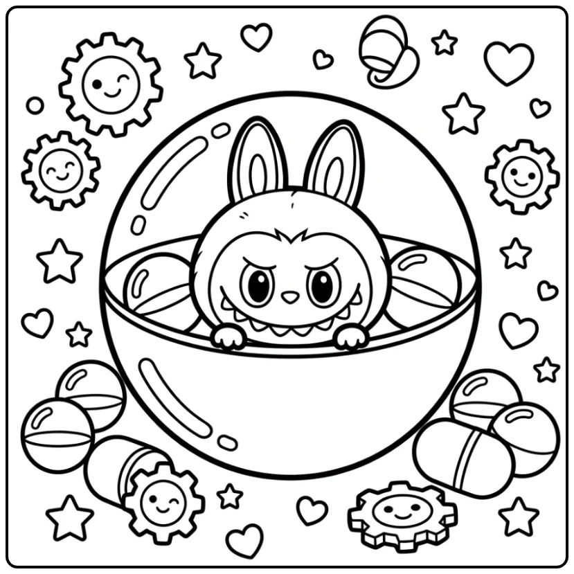 Een schattige kleurplaat labubu secret verstopt in capsule.