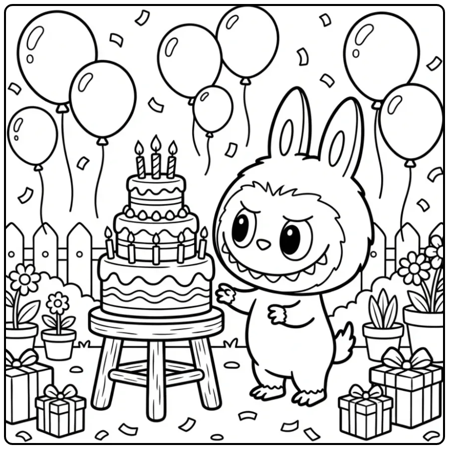 Vrolijke kleurplaat labubu verjaardag met taart en ballonnen
