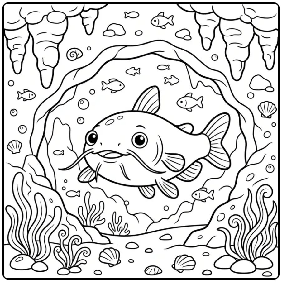 Schattige kleurplaat meerval zwemt uit een grot onder water.