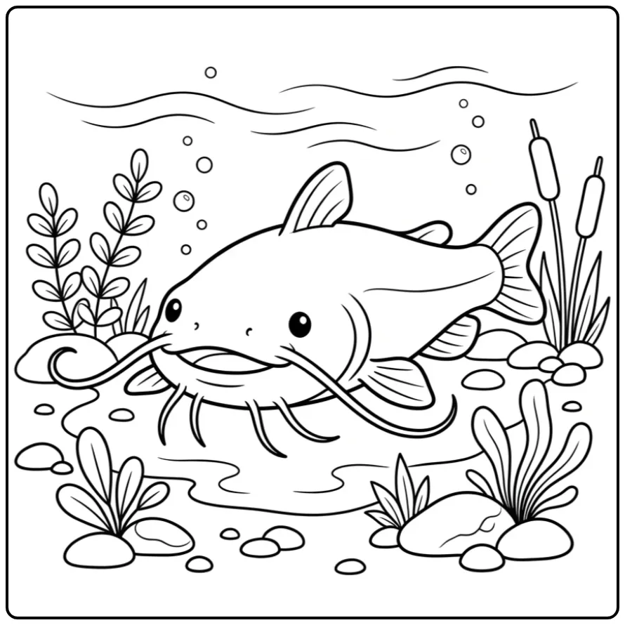 Printbare kleurplaat meerval met lange snorharen onder water.