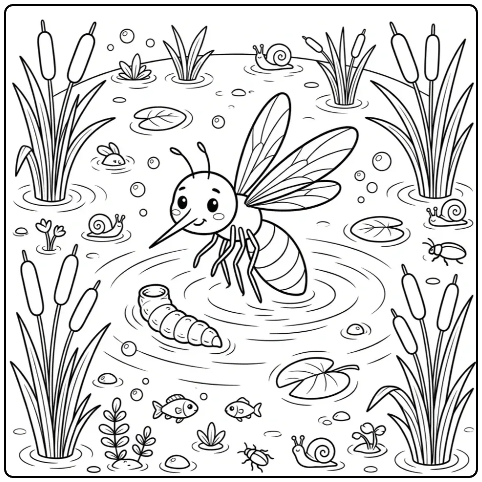 Schattige kleurplaat mug die uit het water kruipt bij riet.