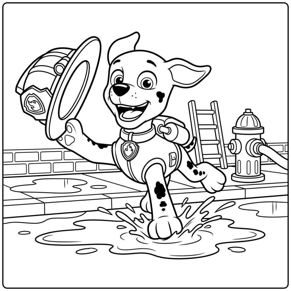 Kleurplaat paw patrol marshall, onhandig en grappig, met brandweerhelm