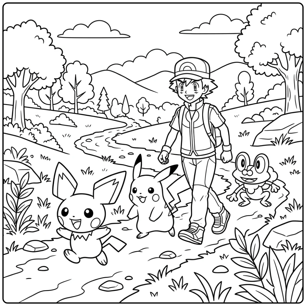 Avontuurlijke kleurplaat pichu met Pikachu en Ash op pad.