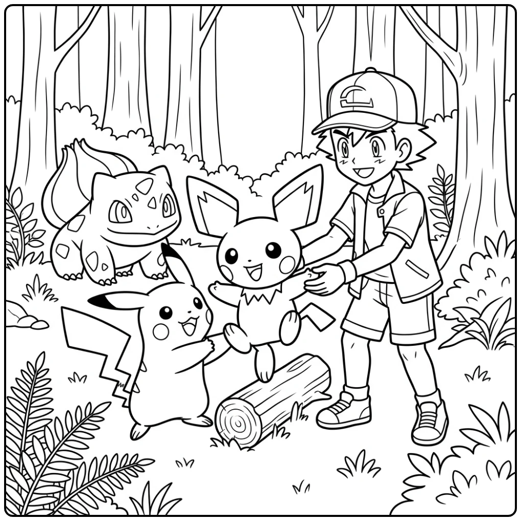 Een vrolijke kleurplaat pichu met Pikachu op een boomstam.