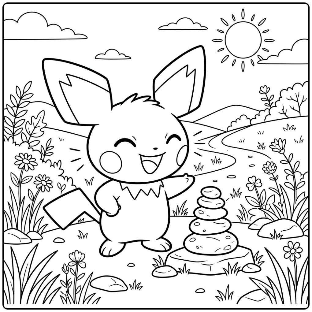 Een blije kleurplaat pichu met een stapeltje stenen.