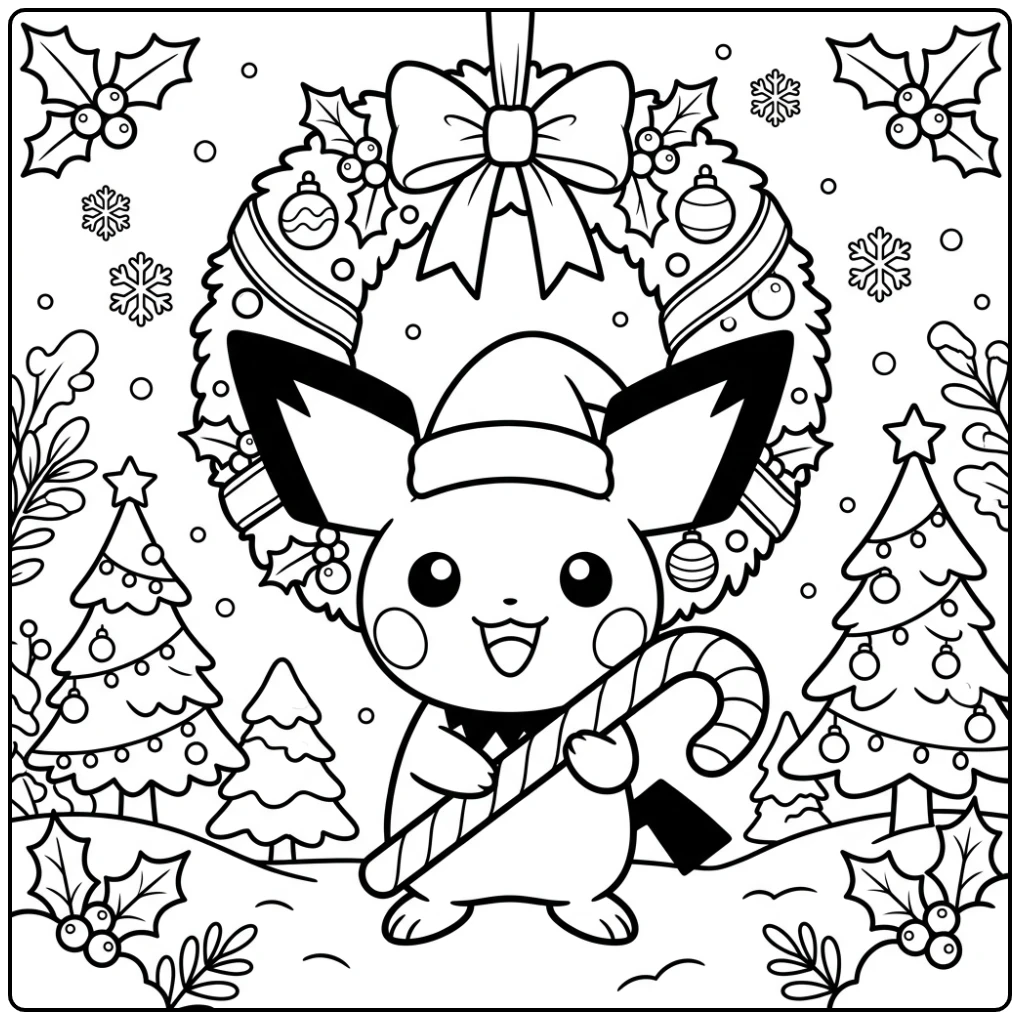 Feestelijke kleurplaat pichu kerst met een zuurstok.