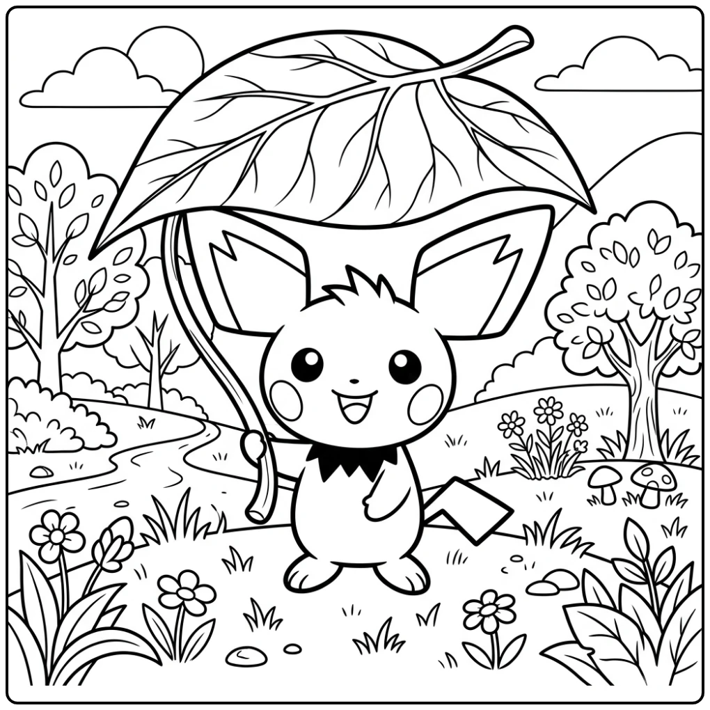 Schattige kleurplaat pichu met een groot blad als paraplu.