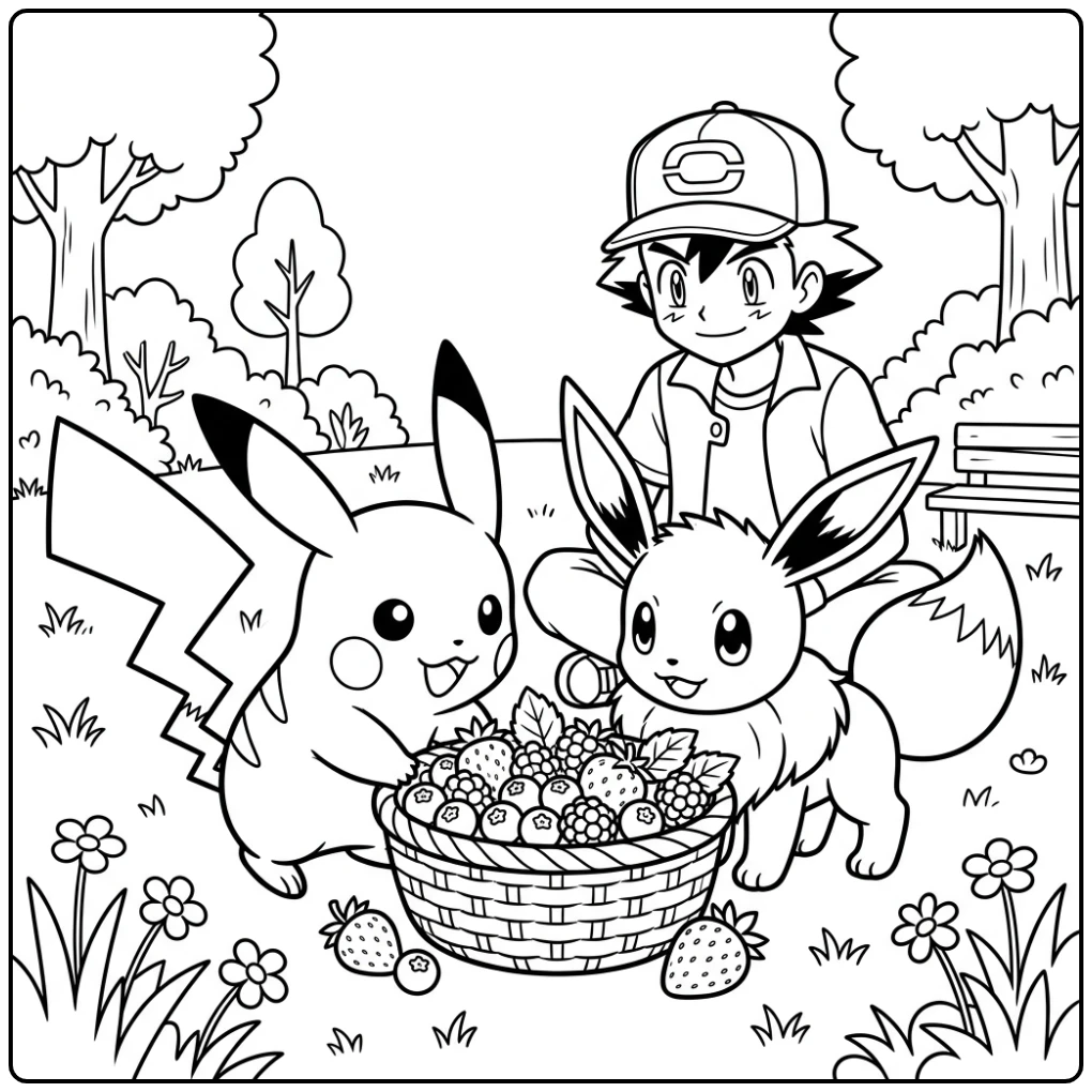 Schattige kleurplaat pichu met Eevee, bessen en Satoshi.