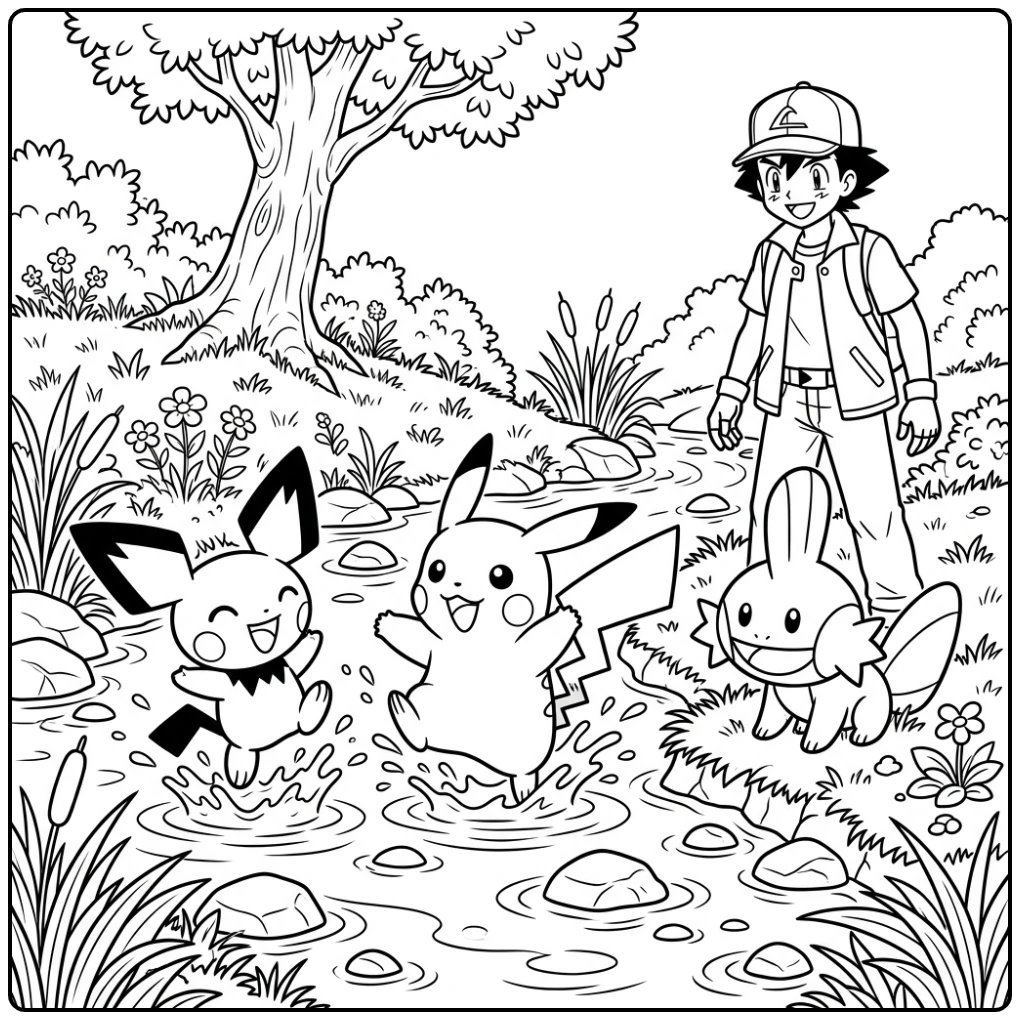 Vrolijke kleurplaat pichu en Pikachu in het water.