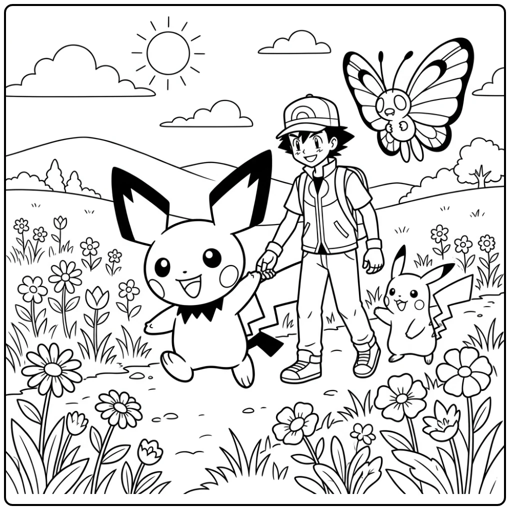 Gedetailleerde kleurplaat pichu die de groep leidt.