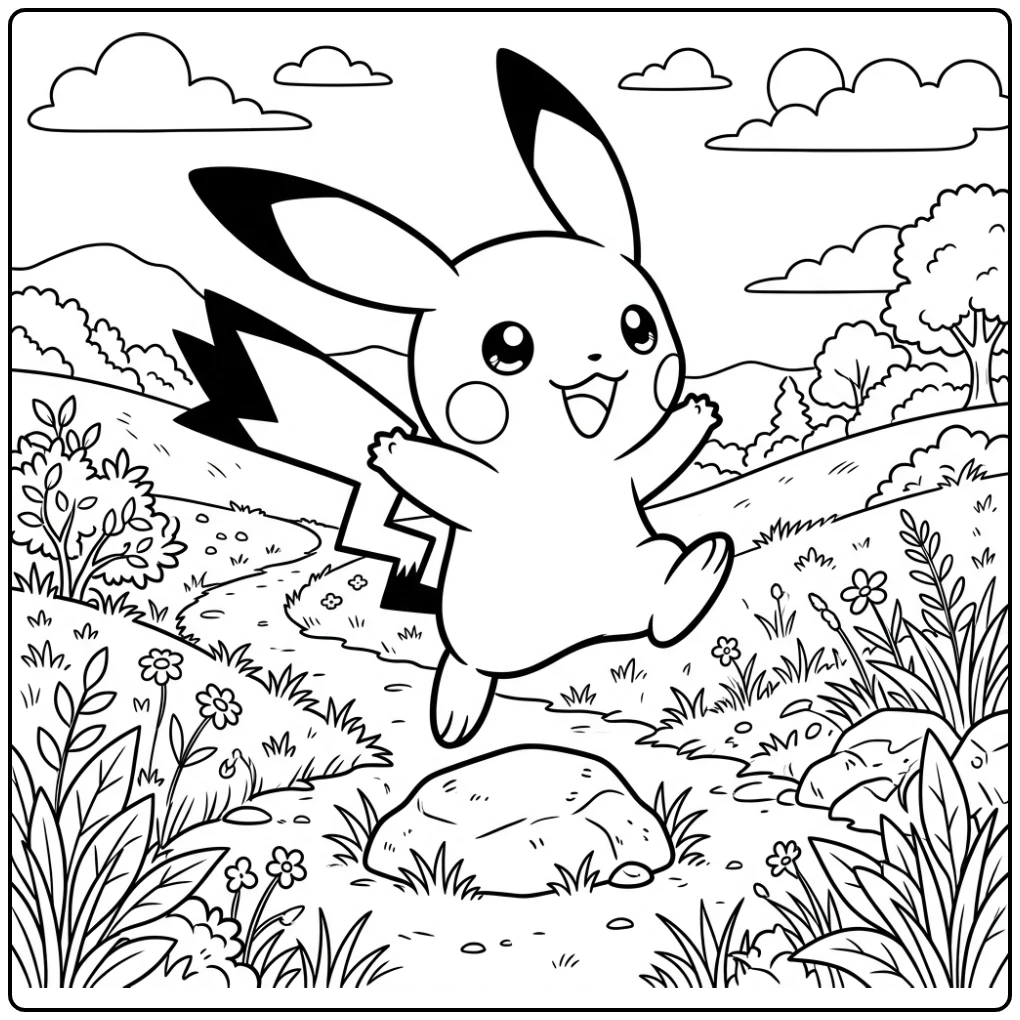 Vrolijke kleurplaat pichu die over een kleine steen springt.