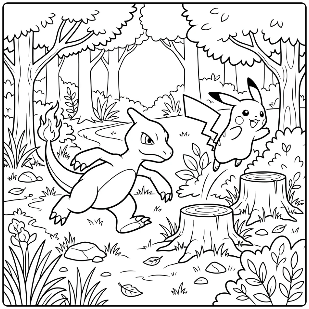 Spannende kleurplaat pokemon charmeleon jaagt Pikachu in bos