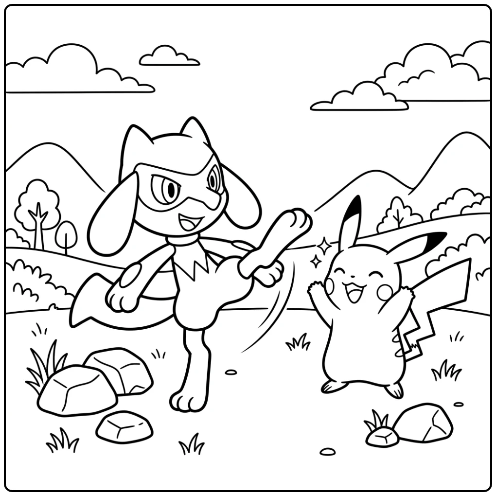 Riolu en Pikachu: kleurplaat pokemon schattig, Riolu oefent een kick.