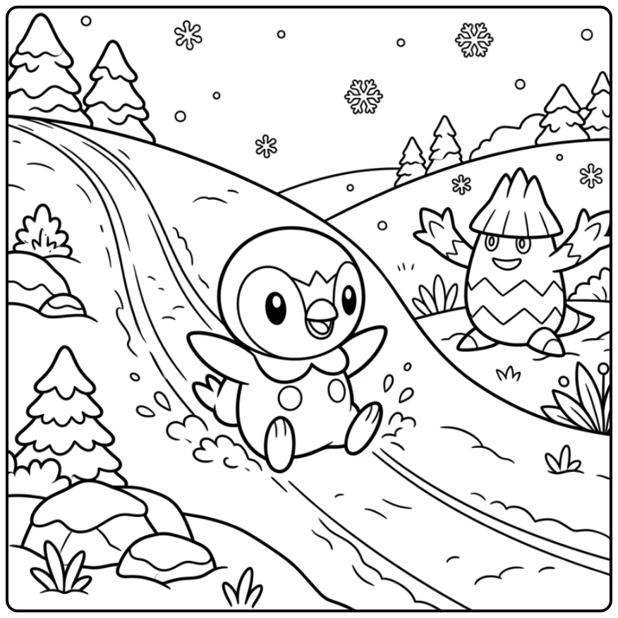 kleurplaat pokemon schattig: Piplup glijdt van sneeuwheuvel, Snover kijkt toe