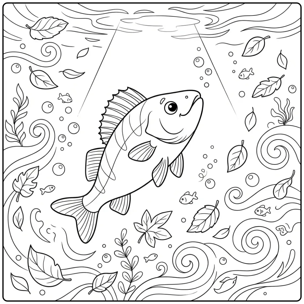 Zwemmende vis kleurplaat snoekbaars met bubbels.