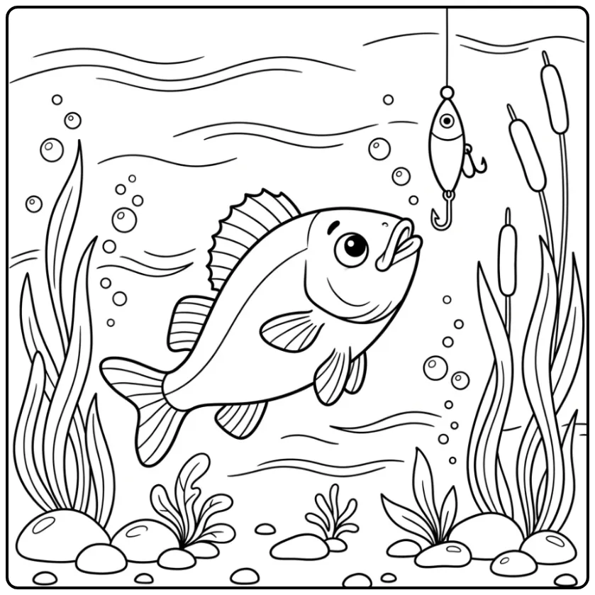 Vrolijke kleurplaat snoekbaars met kunstaas en bubbels.