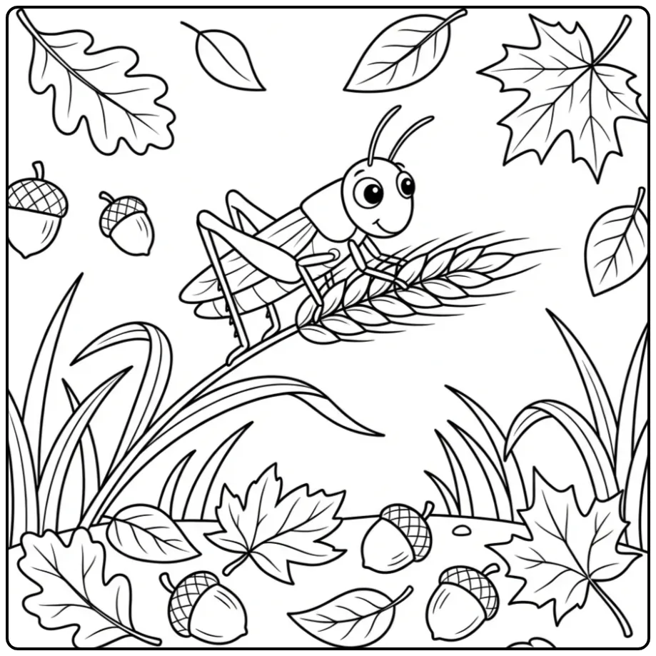 Schattige kleurplaat sprinkhaan op een tarwehalm in de herfst.