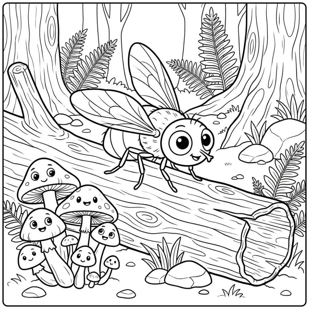 Een schattige kleurplaat vlieg op een boomstam in het bos.