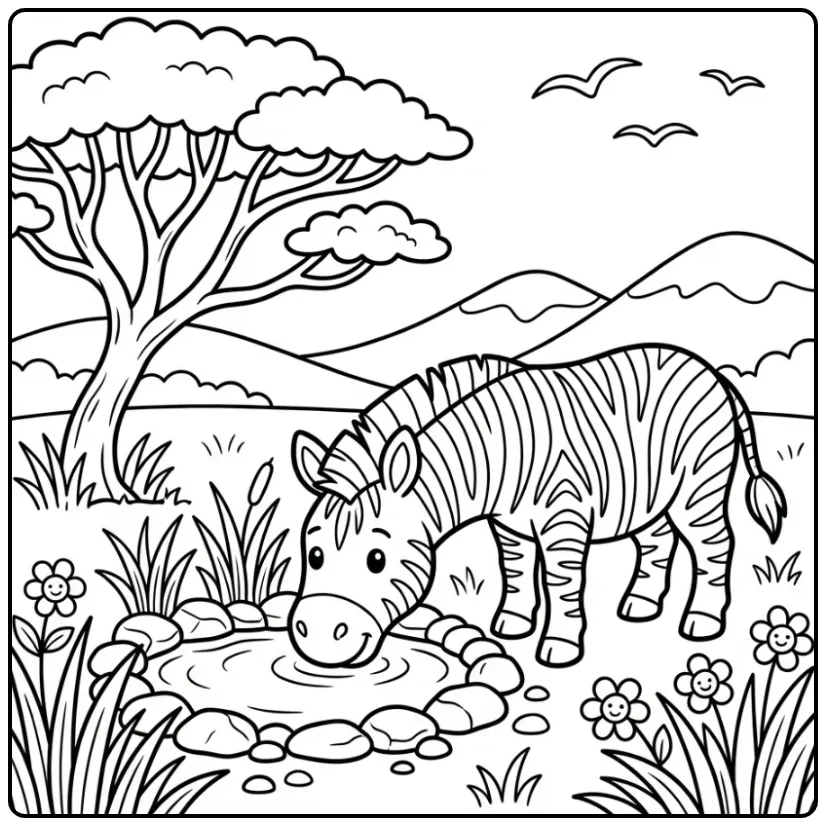 Schattige kleurplaat zebra drinkend bij een acacia boom.