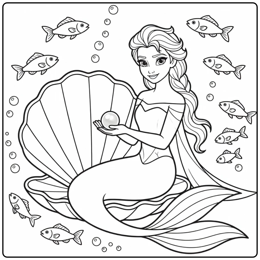 Mooie kleurplaat zeemeermin elsa met een schelp en parel.