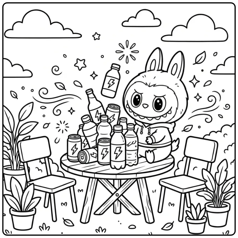 Cartoon labubu big into energy kleurplaat met blikjes.