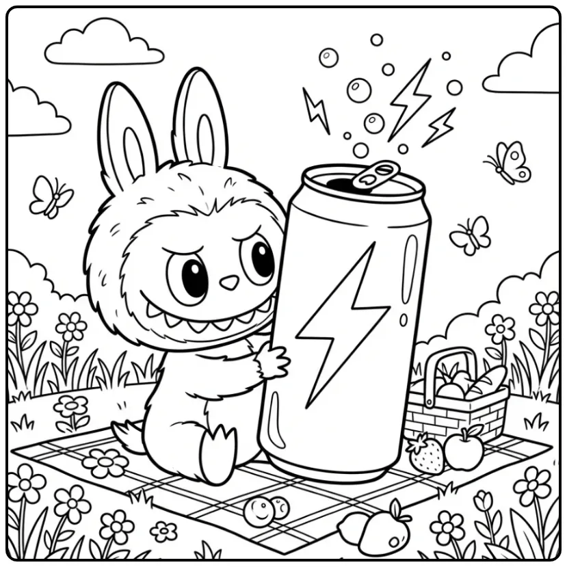 Vrolijke labubu big into energy kleurplaat met bliksem