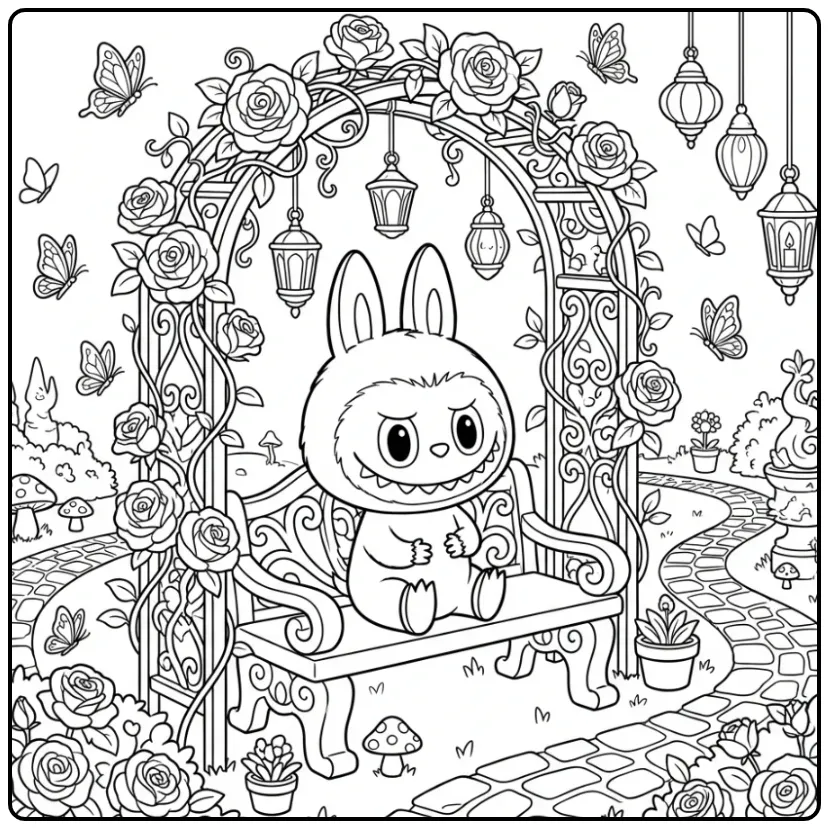 Magische labubu kleurplaat have a seat onder bloemenboog.