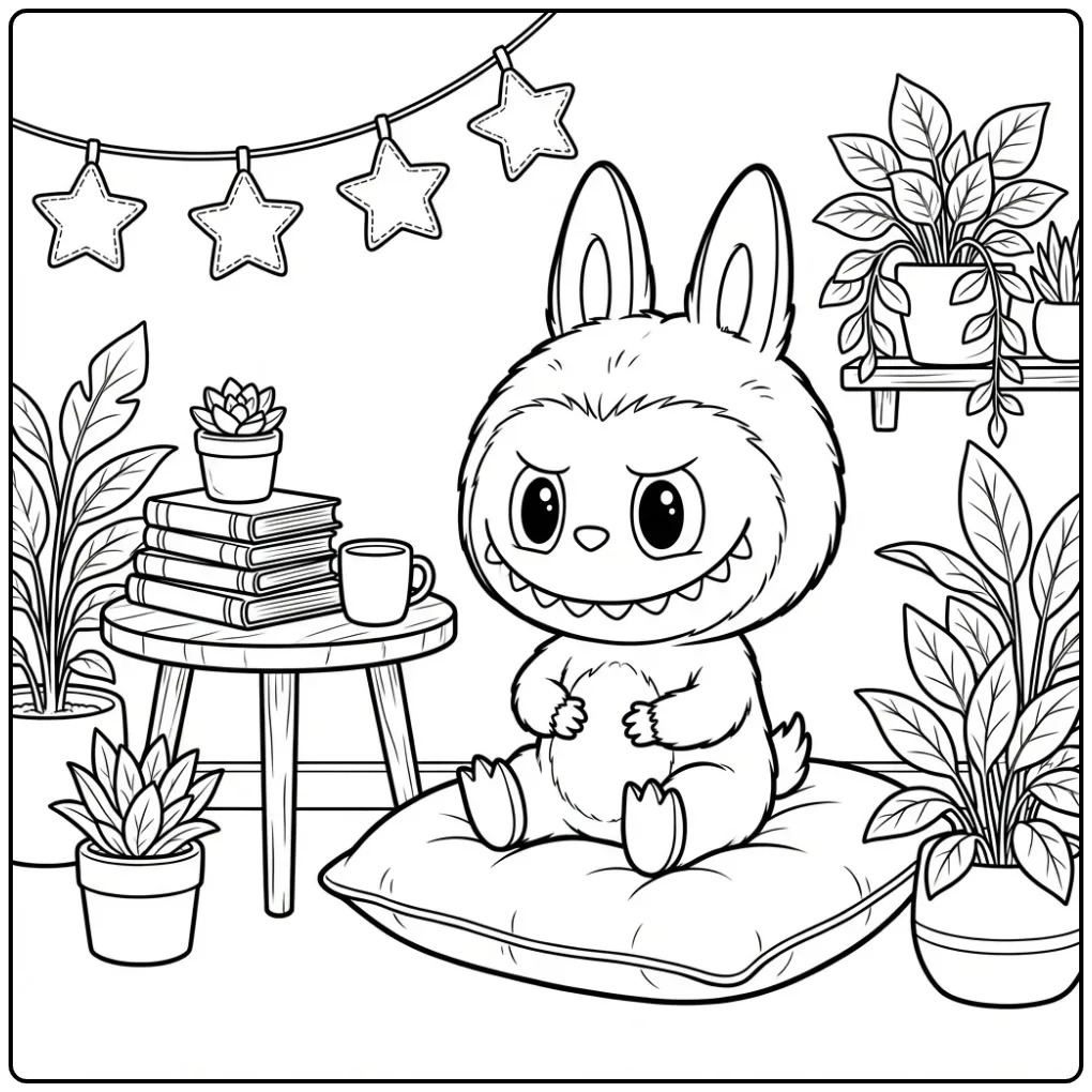 Een schattige labubu kleurplaat have a seat op een kussen.