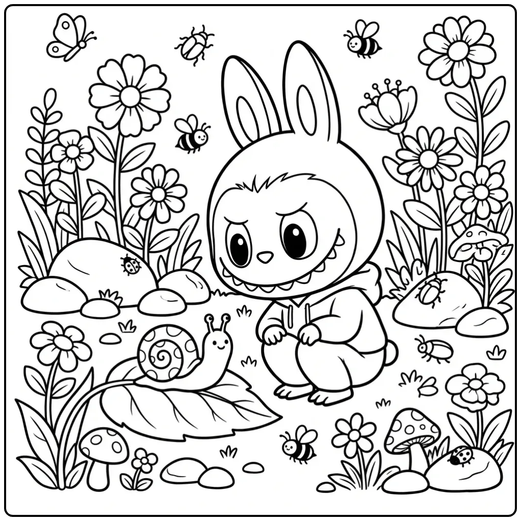 Nieuwsgierige labubu kleurplaat met een slak op een blad.