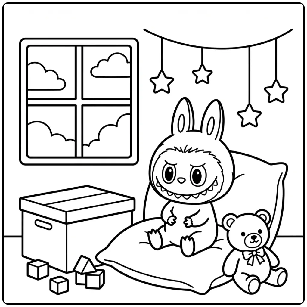 Schattige labubu kleurplaat makkelijk zittend op een kussen.