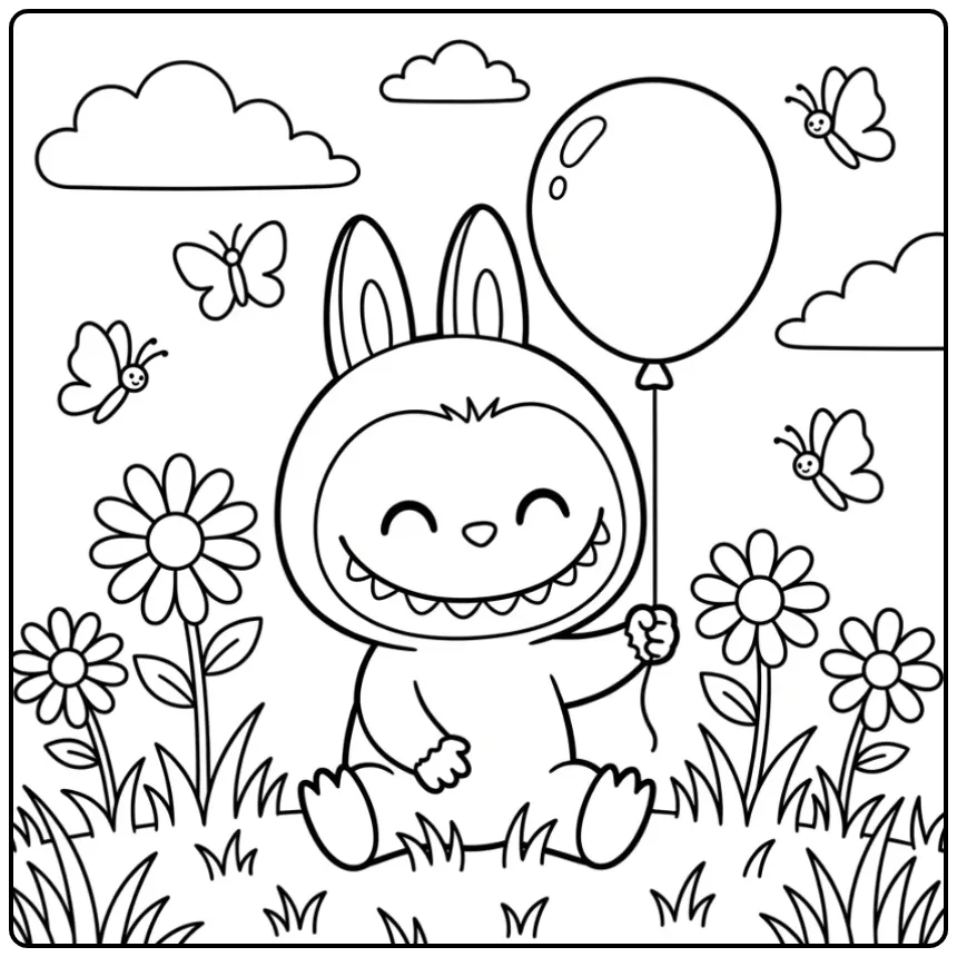 Schattige labubu kleurplaat makkelijk in het gras met ballon.