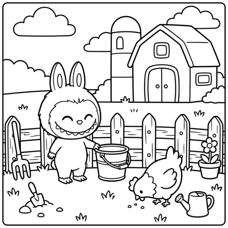 Eenvoudige labubu kleurplaat makkelijk met een kip.