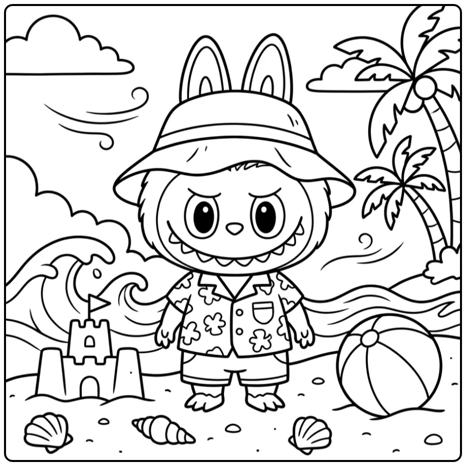 Zomerse labubu kleurplaat met kleren op het strand.