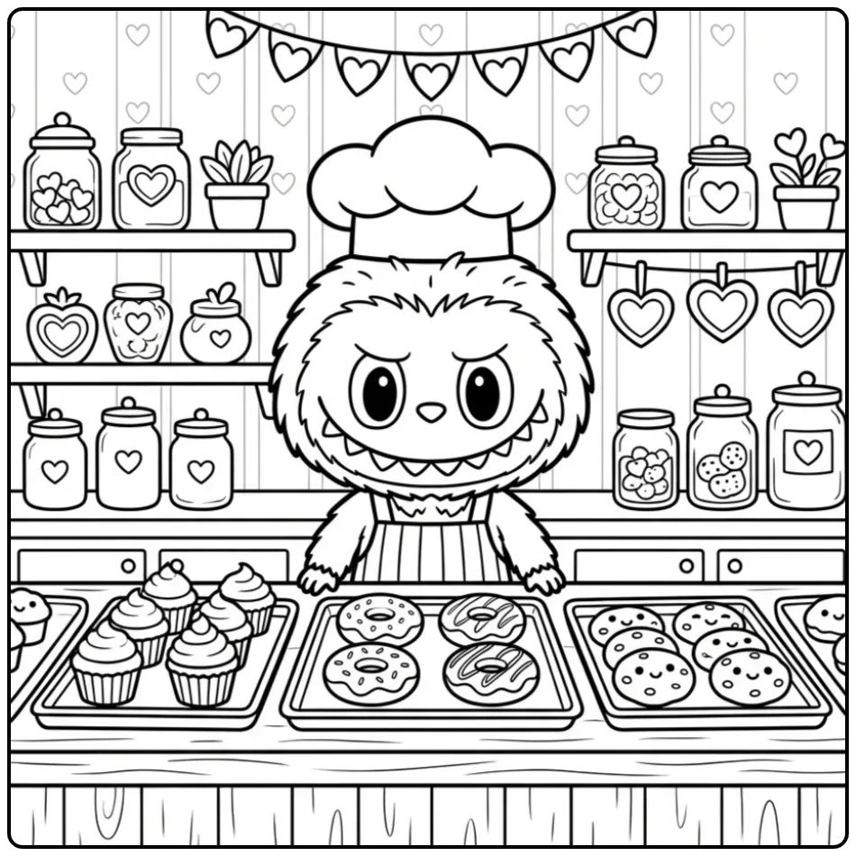 Schattige bakkerij labubu kleurplaat met kleren en hoed.
