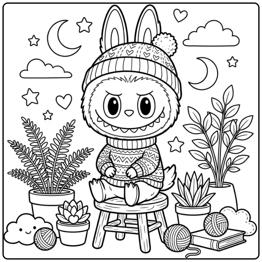 Schattige labubu kleurplaat met kleren in een warme trui.