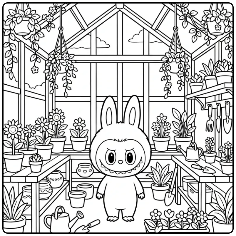 Een gedetailleerde labubu kleurplaat moeilijk in een kas.