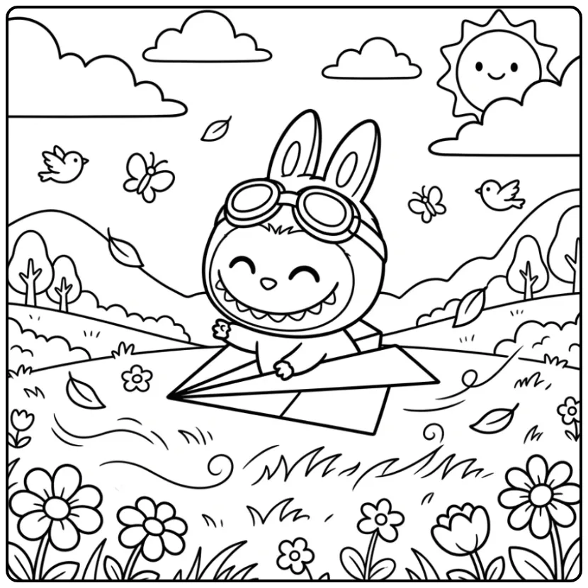 Vrolijke labubu kleurplaat met een papieren vliegtuigje.