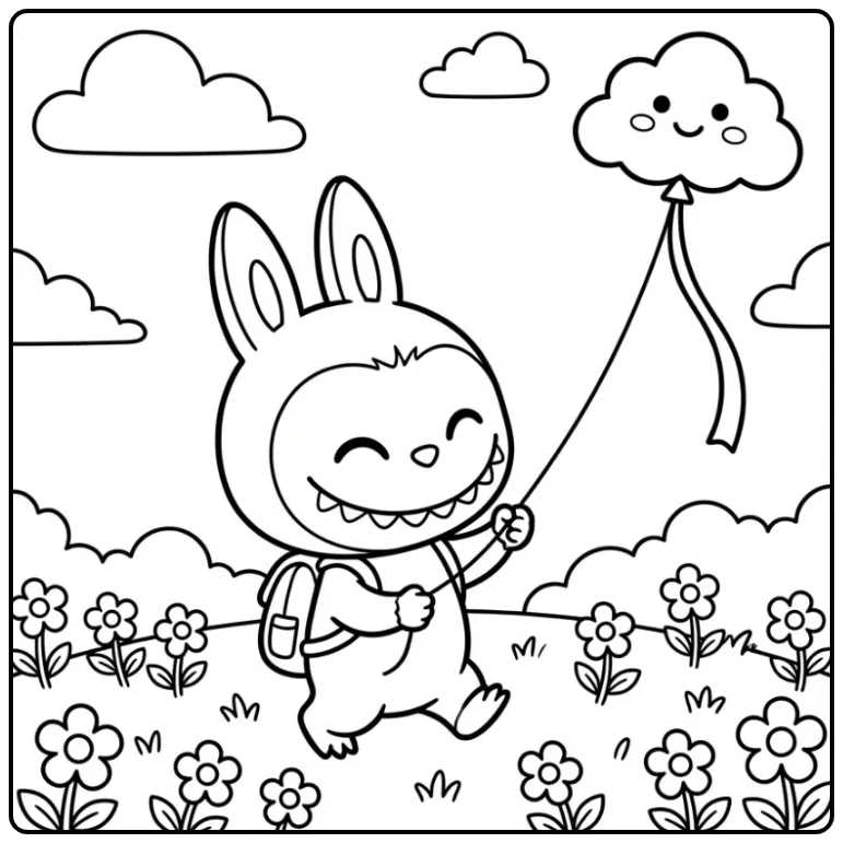 Vrolijke labubu kleurplaat met een vlieger in het veld.