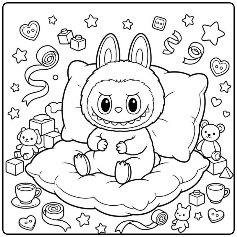 Een schattige labubu pop kleurplaat op een zacht kussen.