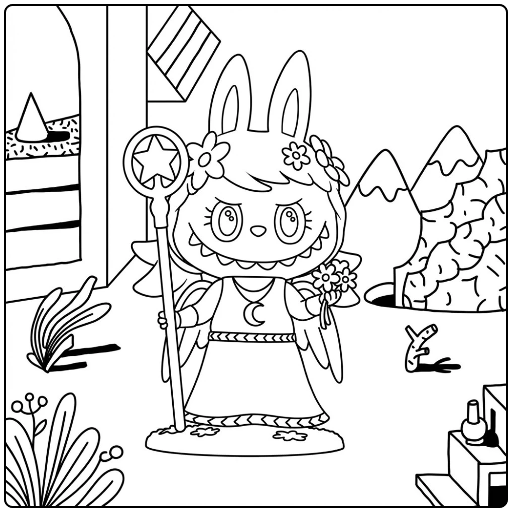 Maagd kleurplaat: een konijn met bloemenkroon, staf en vleugels.