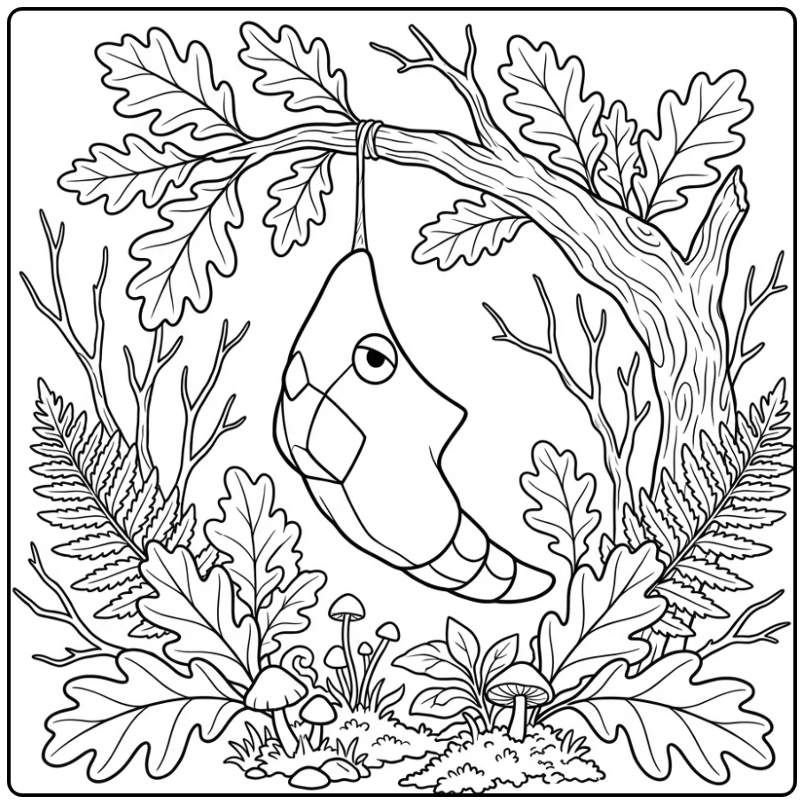 Metapod kleurplaat in een bosrijke omgeving aan een tak.