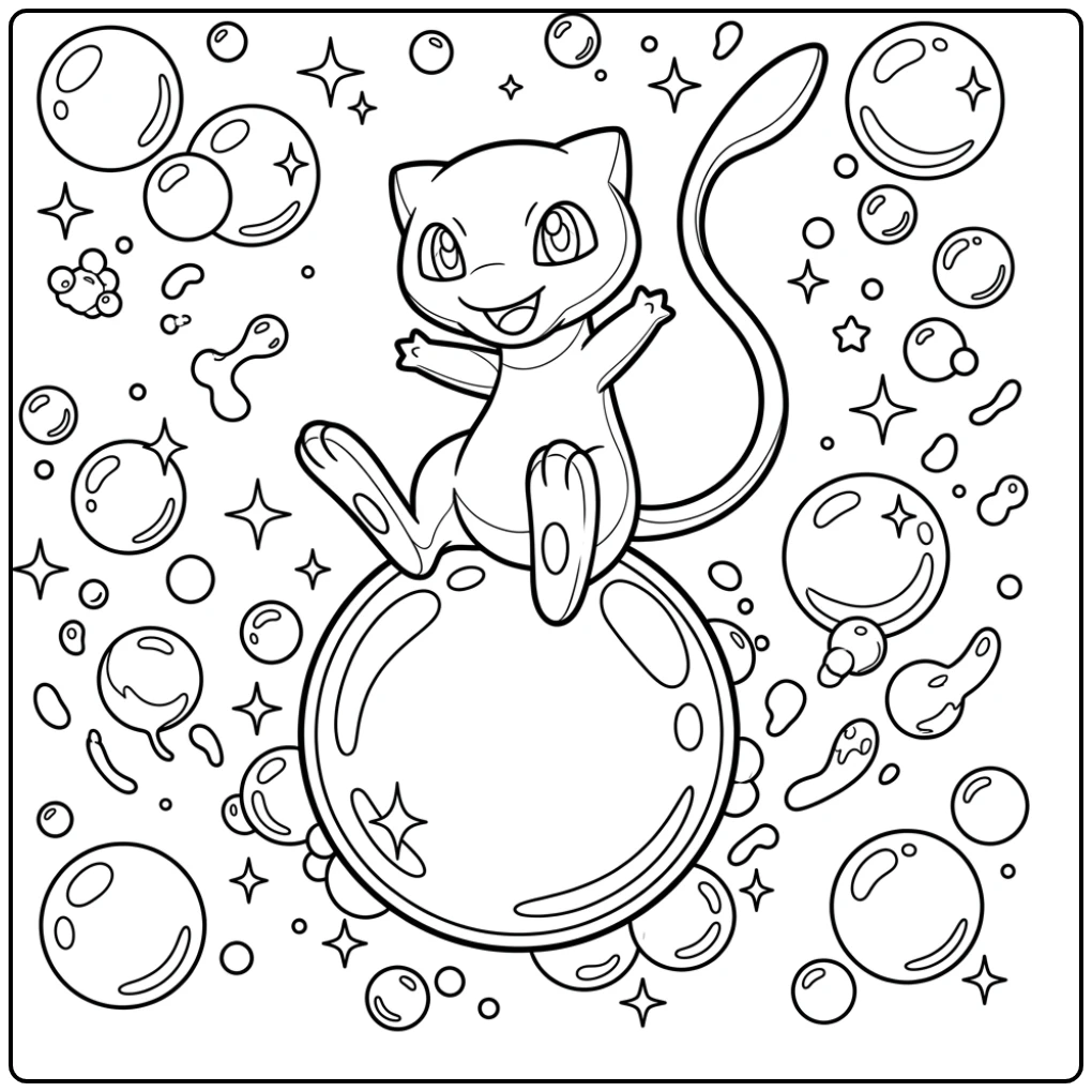 Speelse mew kleurplaat met Mew balancerend op een bubbel.