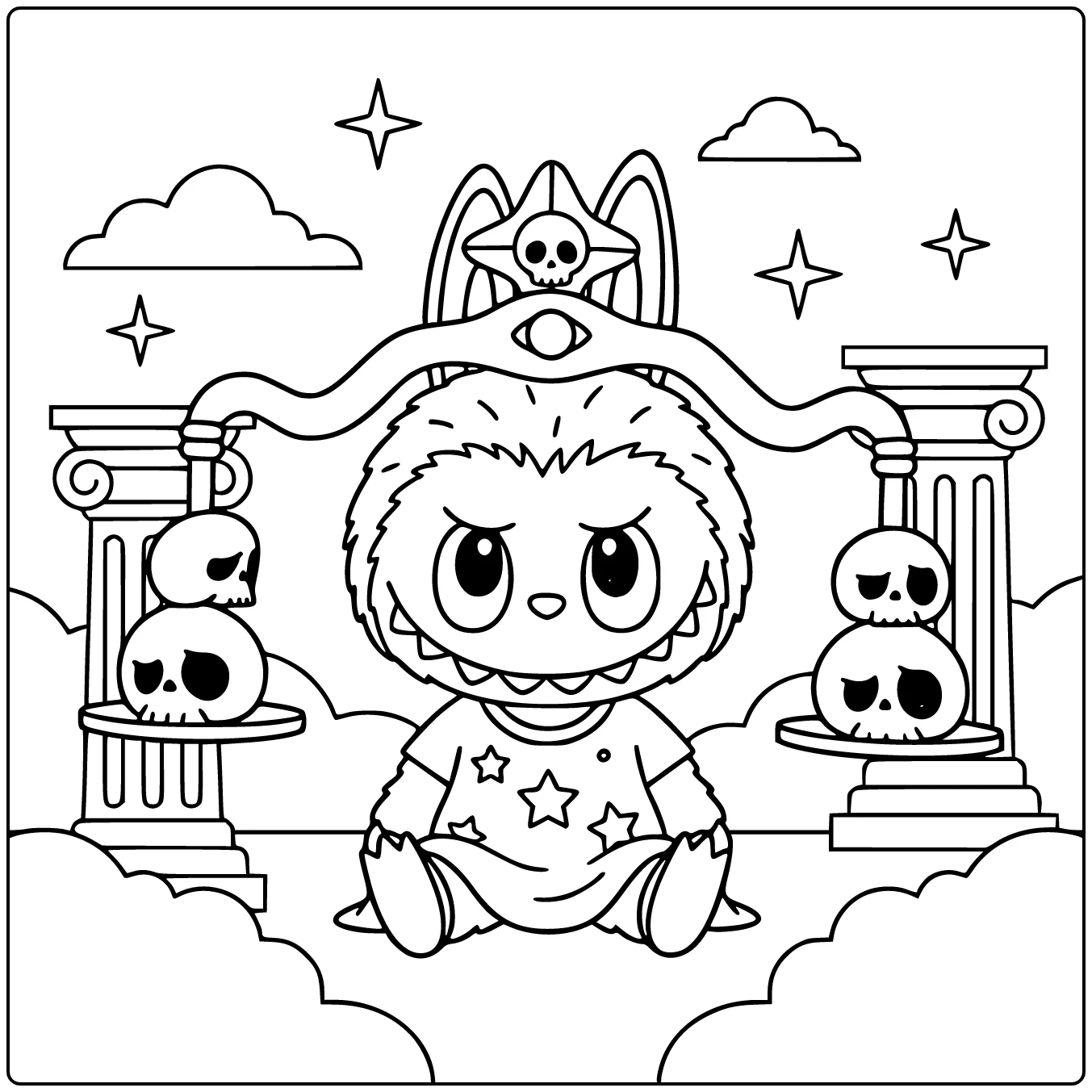 Weegschaal kleurplaat met monster, schedels en zuilen.